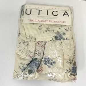 Vintage Utica 2 Standard NO IRON Percale‎ Pillowcases Floral Ruffle Lace NOS